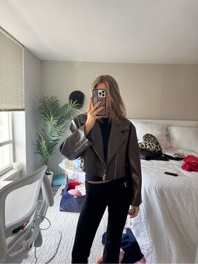 Cropped Brown Leather Moto Jacket - Women